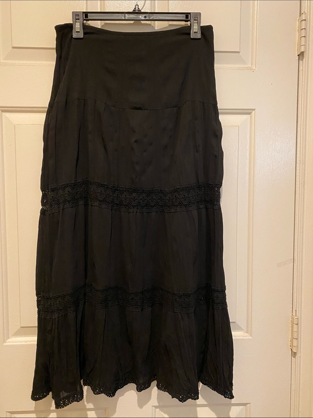 Black Tiered Maxi Skirt with Lace Insets